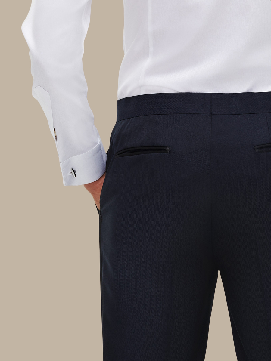The Navy Herringbone Tuxedo Trousers — garment photograph