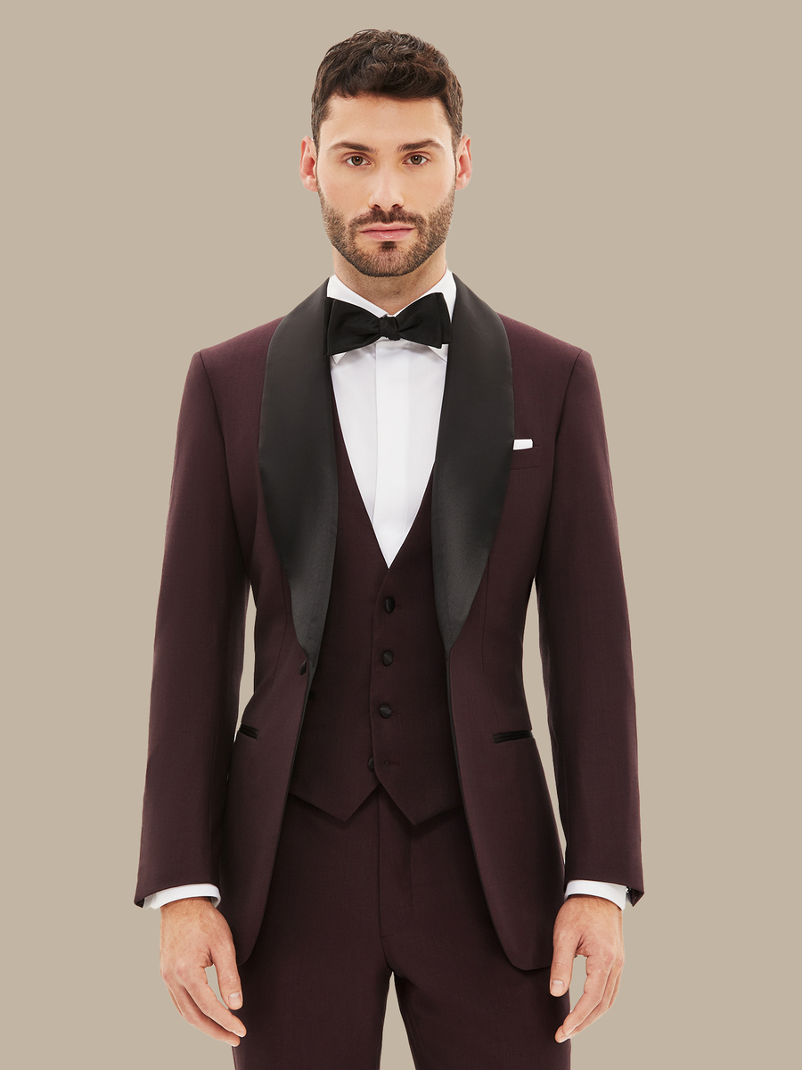 The Burgundy Refined Three-Piece Tuxedo — garment photograph