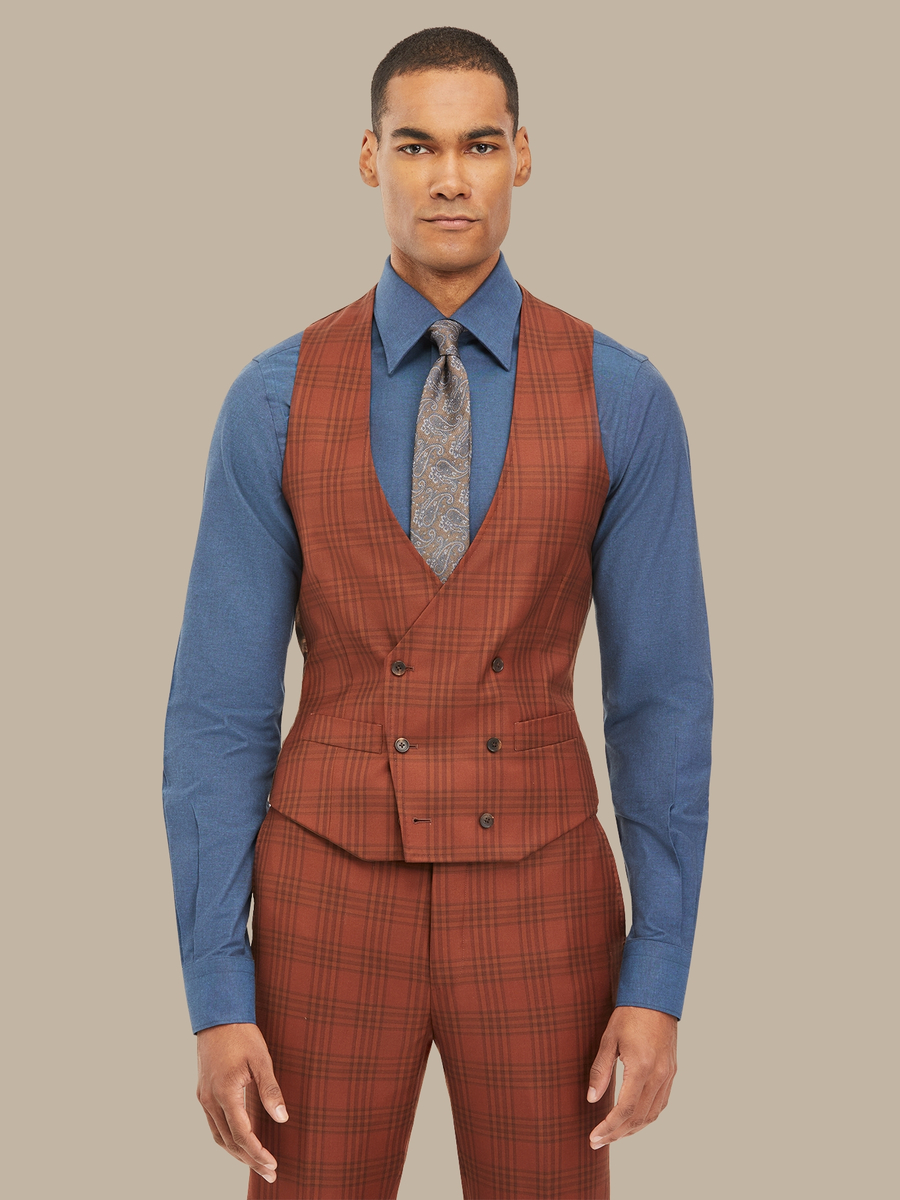 Worsted Wool Nutmeg Orange Check Waistcoat — garment photograph