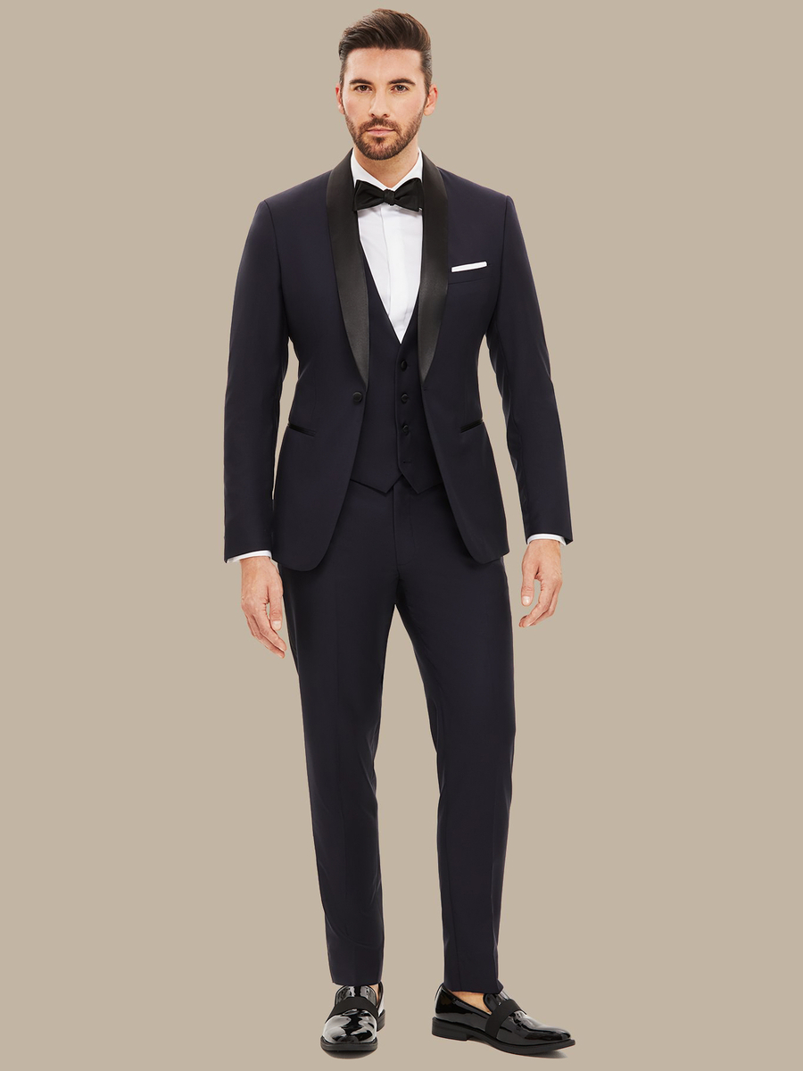 The Dark Navy Essential Three-Piece Tuxedo — garment photograph