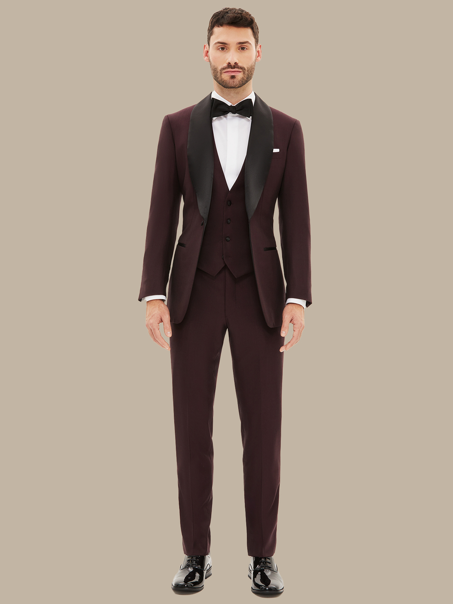 The Burgundy Refined Three-Piece Tuxedo — garment photograph