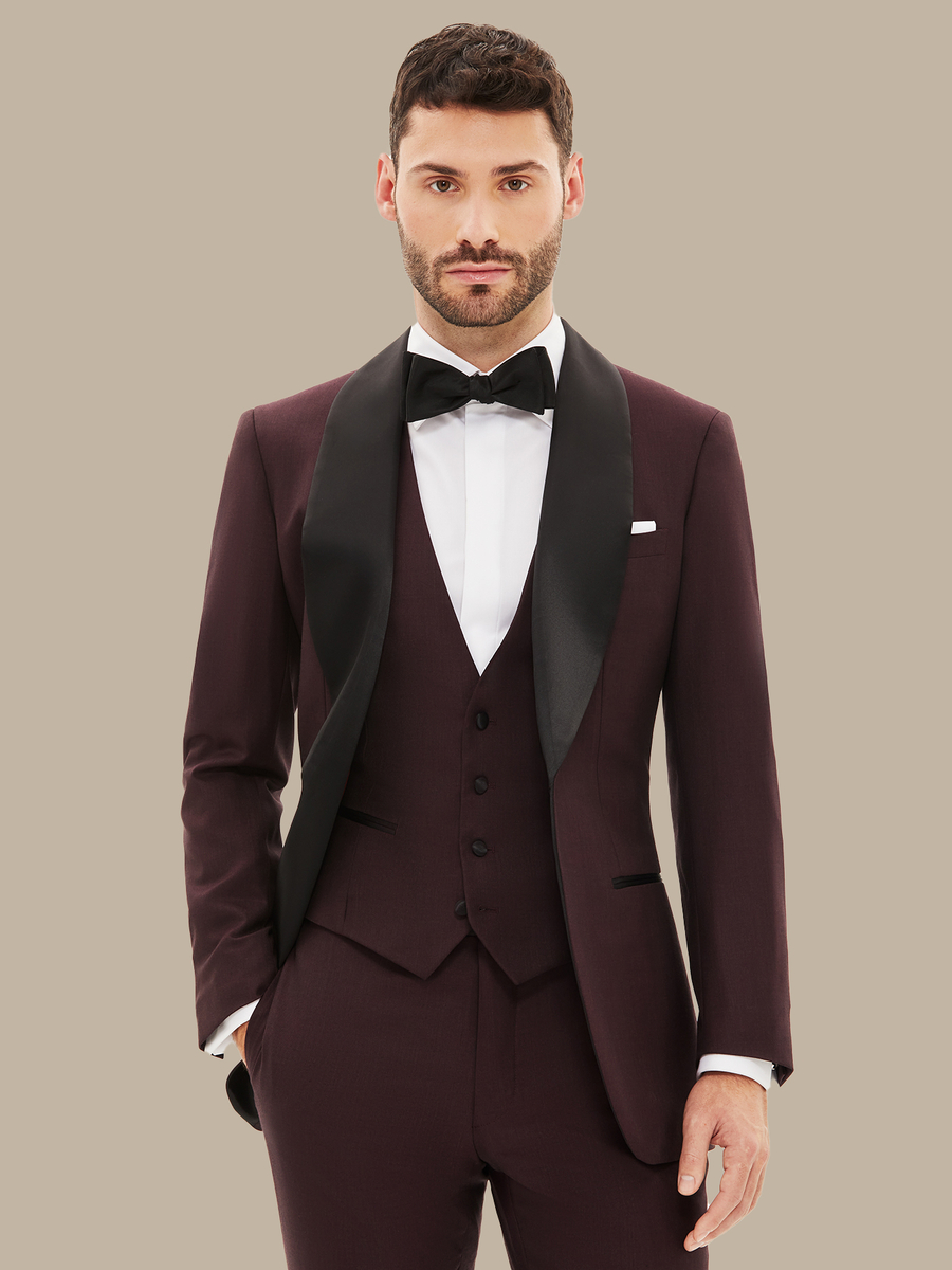 The Burgundy Refined Three-Piece Tuxedo — garment photograph