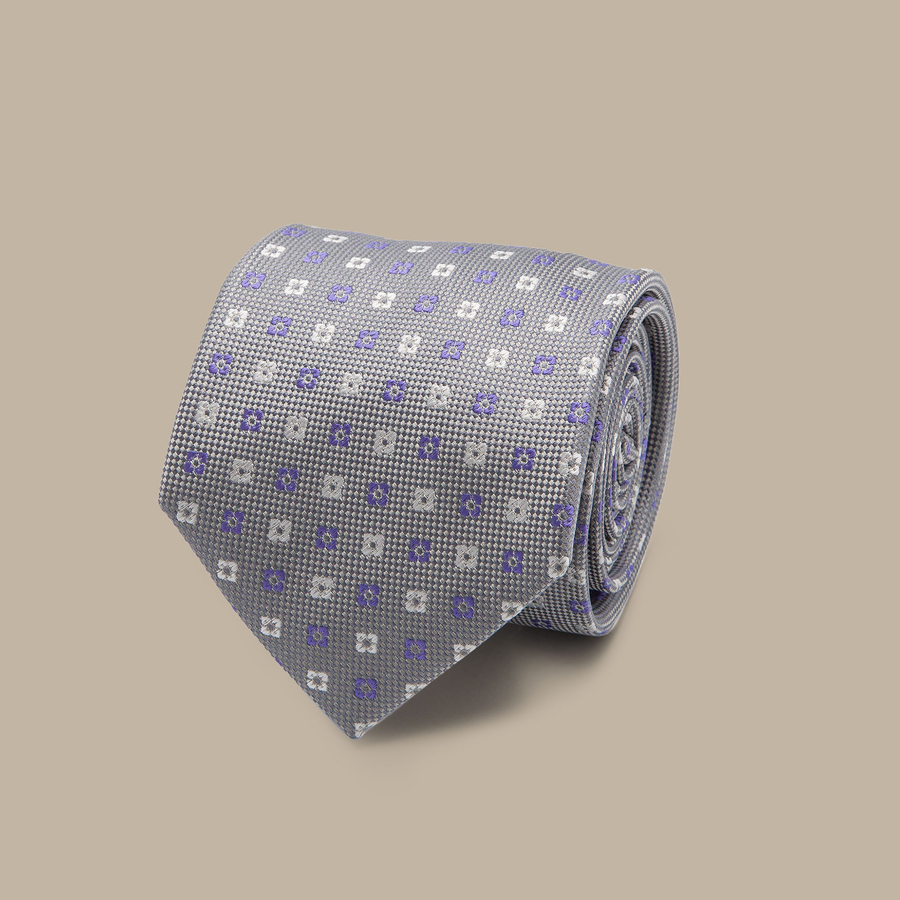 Grey Silk Floral Foulard Seven Fold Tie — garment photograph