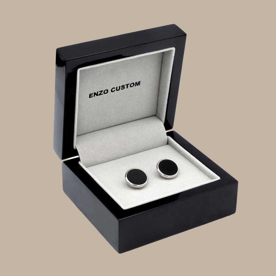 Onyx with Silver Rim Cuff Links — garment photograph