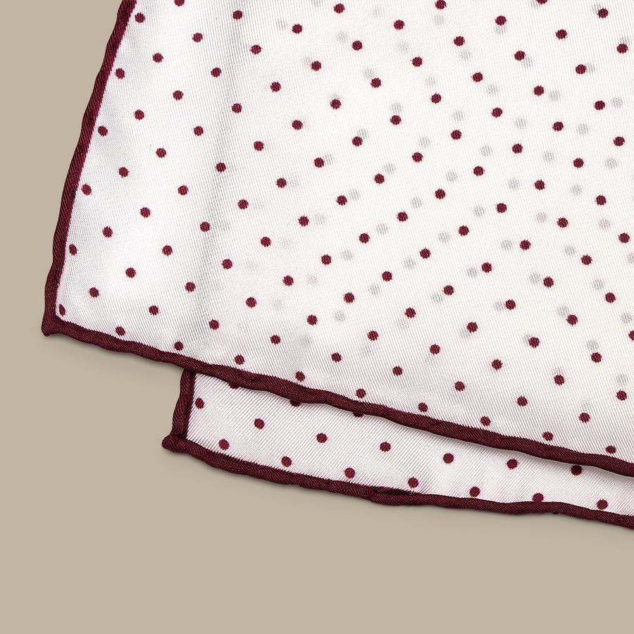 Silk White Pocket Square with Red Polka Dot - Handmade in Italy — garment photograph