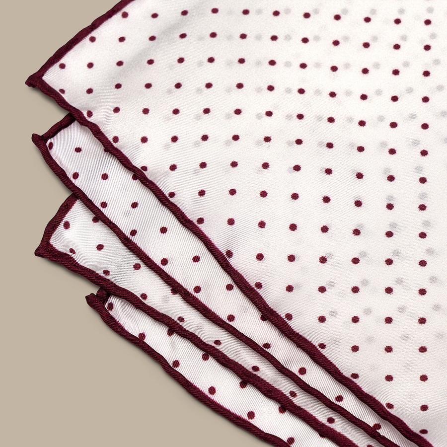 Silk White Pocket Square with Red Polka Dot - Handmade in Italy — garment photograph