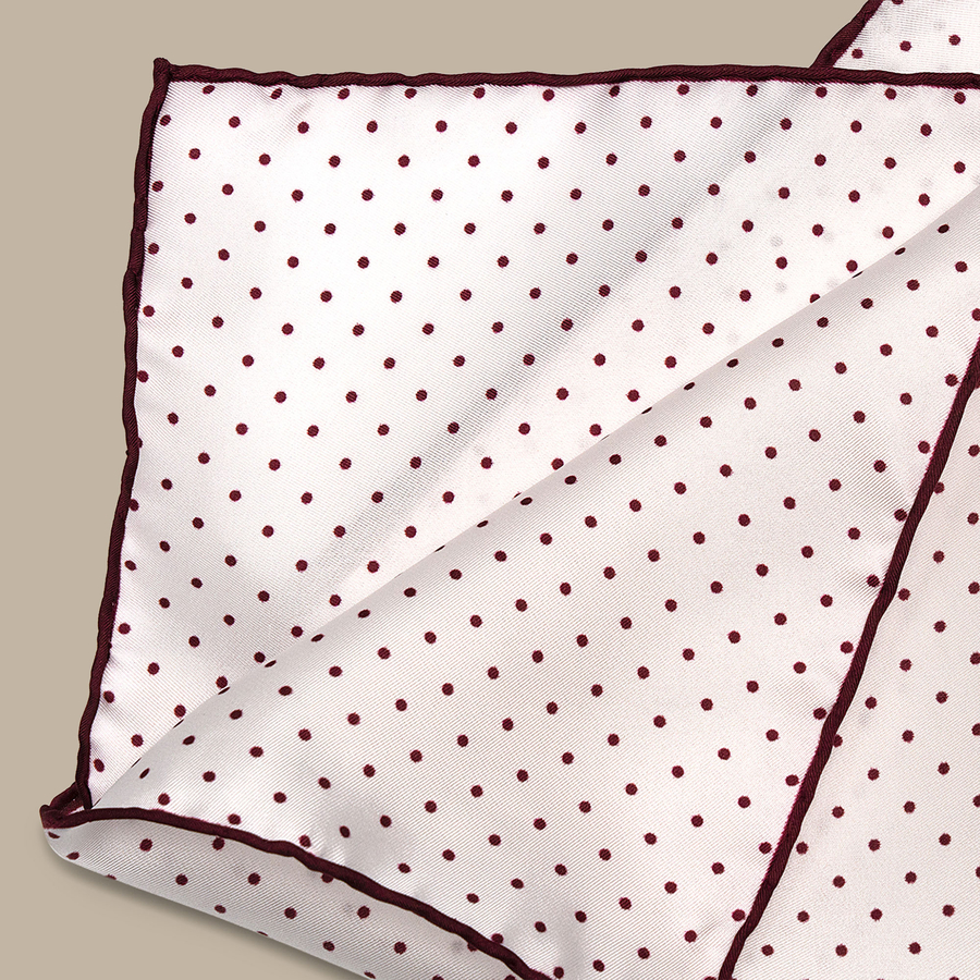 Silk White Pocket Square with Red Polka Dot - Handmade in Italy — garment photograph