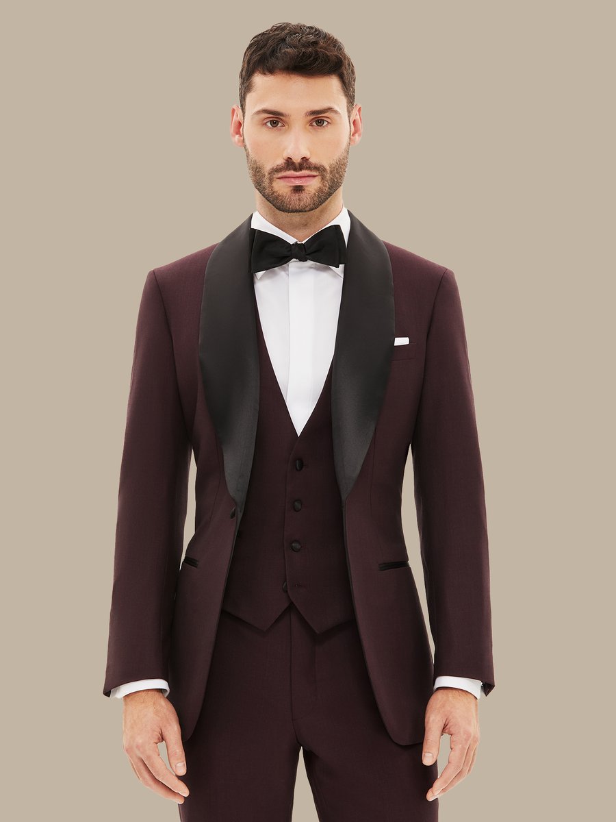 The Burgundy Refined Three-Piece Tuxedo — garment photograph