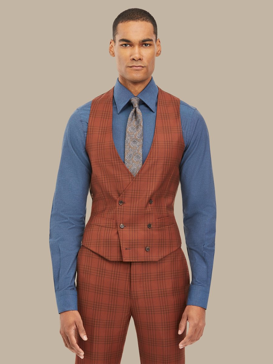 Worsted Wool Nutmeg Orange Check Waistcoat — garment photograph
