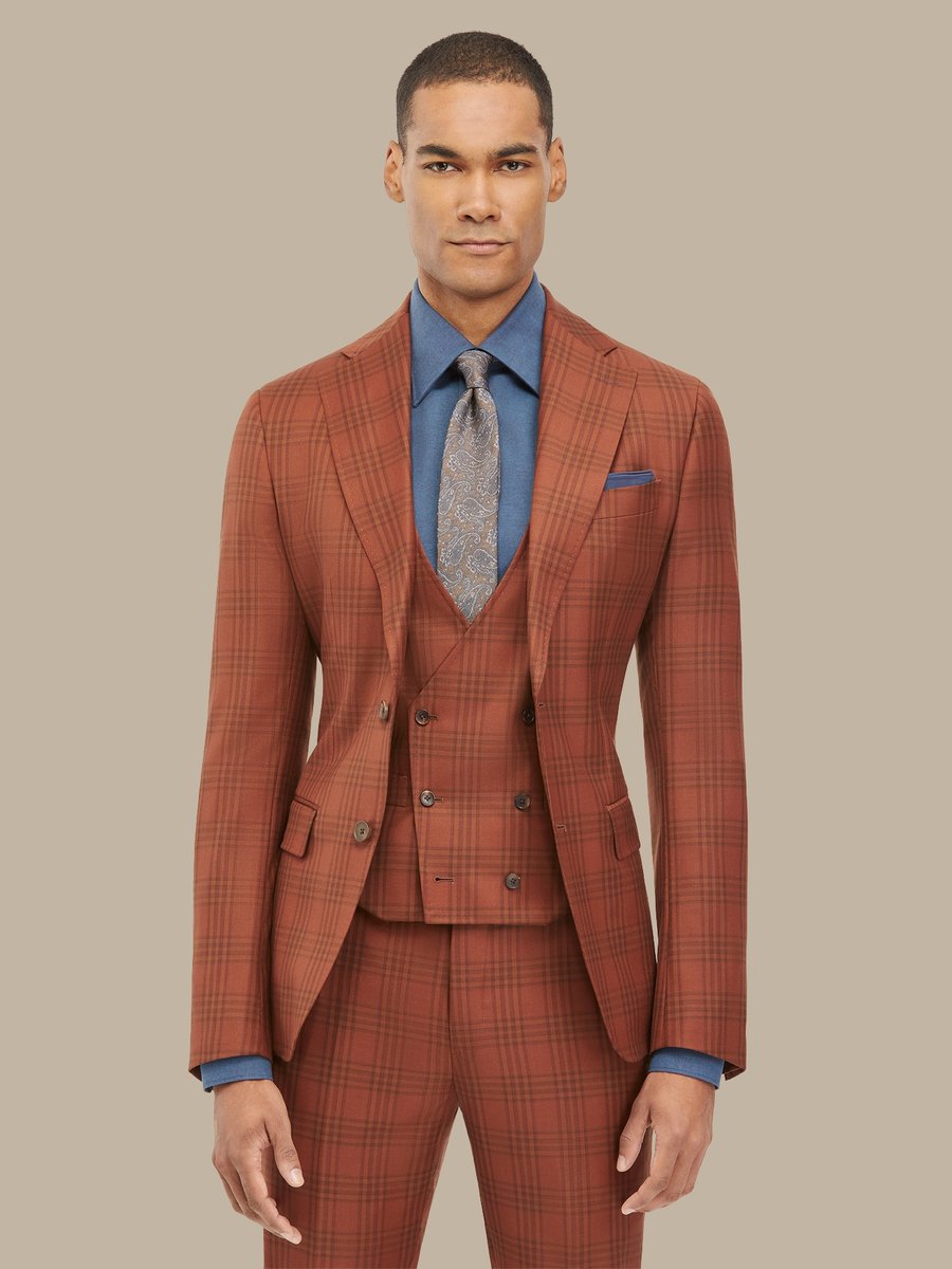 Worsted Wool Nutmeg Orange Check Waistcoat — garment photograph