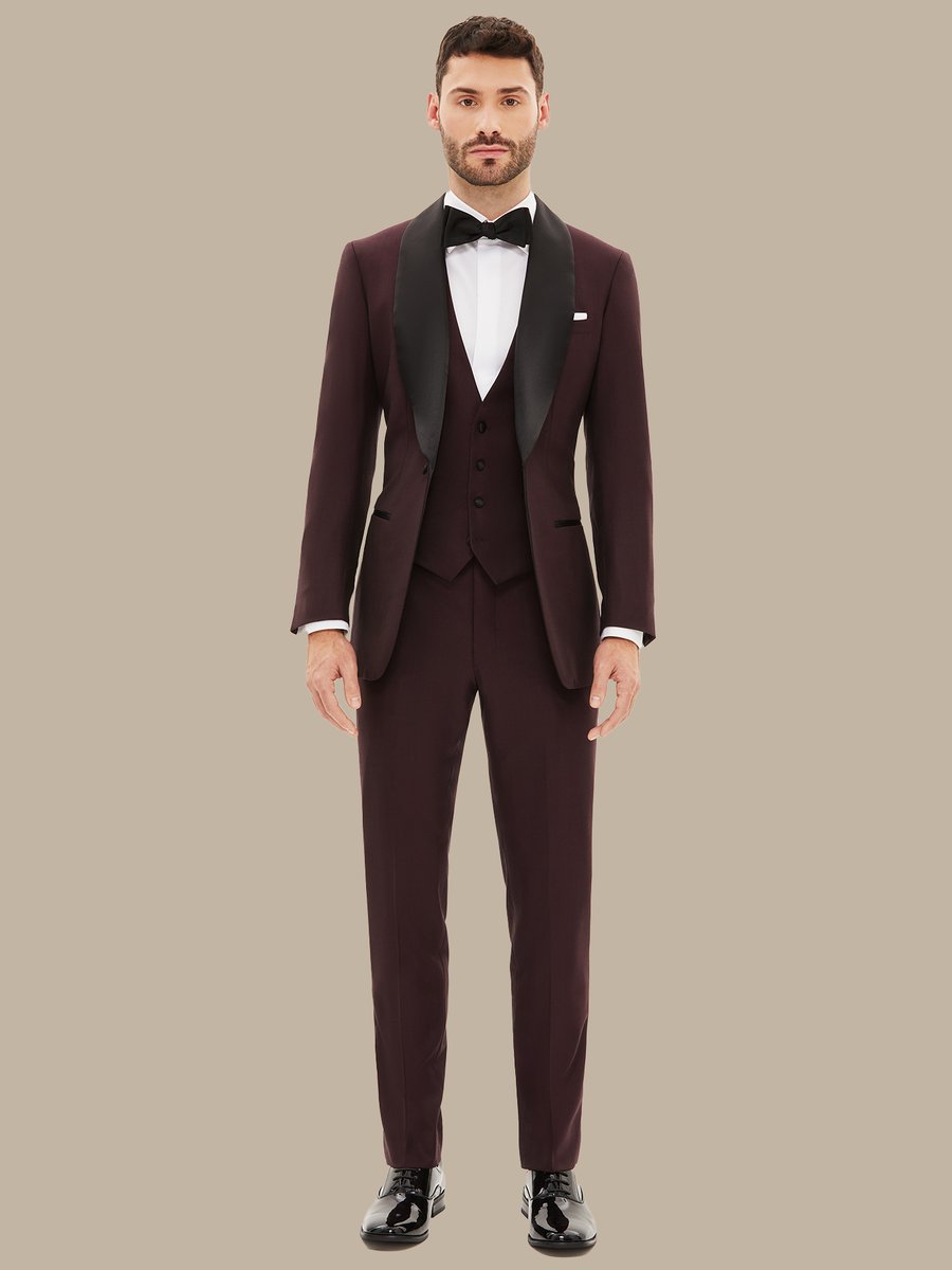 The Burgundy Refined Three-Piece Tuxedo — garment photograph
