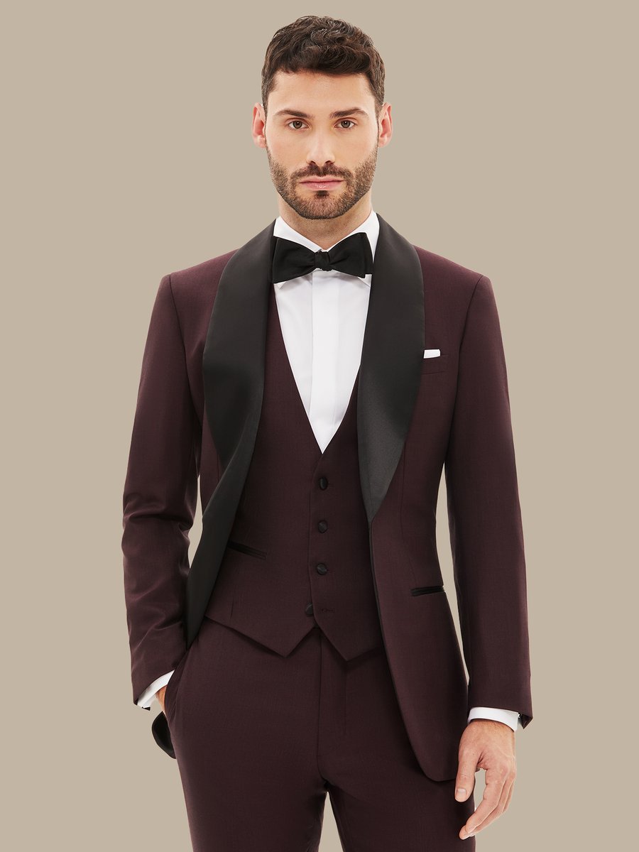 The Burgundy Refined Three-Piece Tuxedo — garment photograph