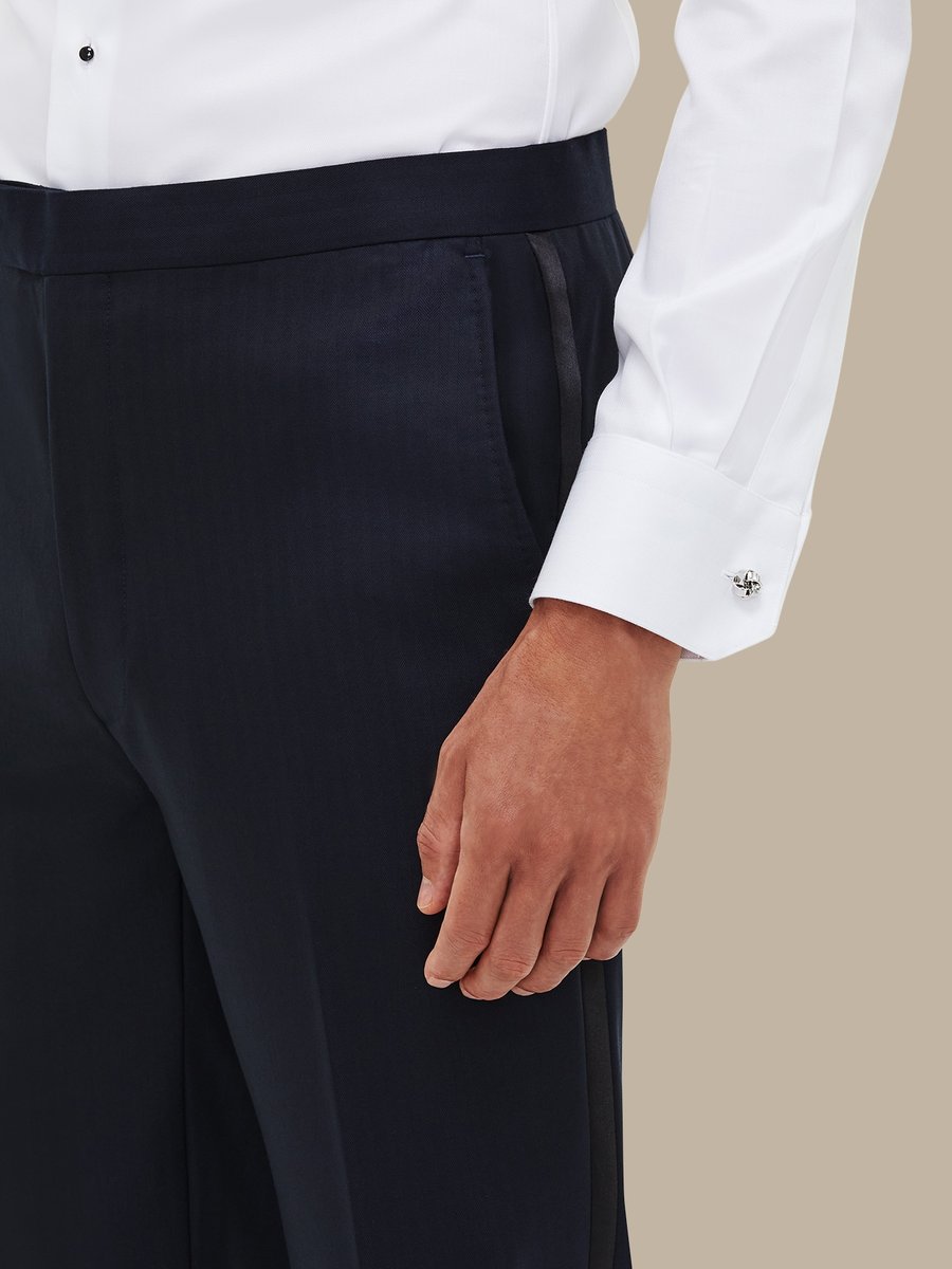 The Navy Herringbone Tuxedo Trousers — garment photograph