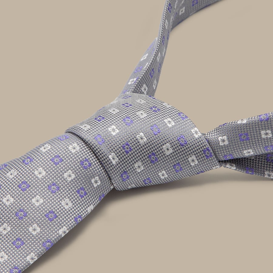 Grey Silk Floral Foulard Seven Fold Tie — garment photograph