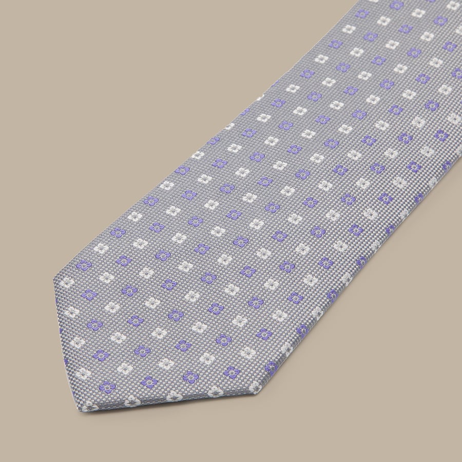 Grey Silk Floral Foulard Seven Fold Tie — garment photograph