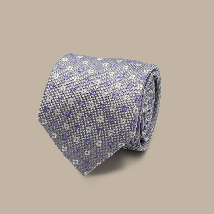 Grey Silk Floral Foulard Seven Fold Tie — garment photograph