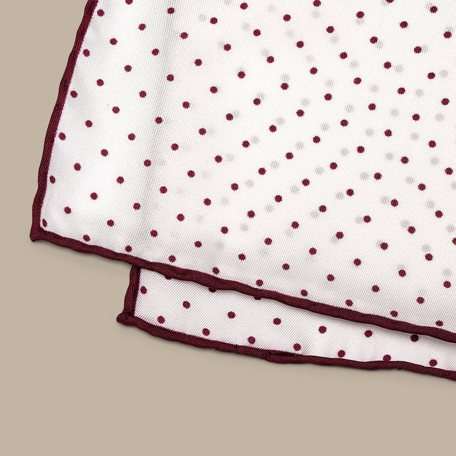 Silk White Pocket Square with Red Polka Dot - Handmade in Italy — garment photograph