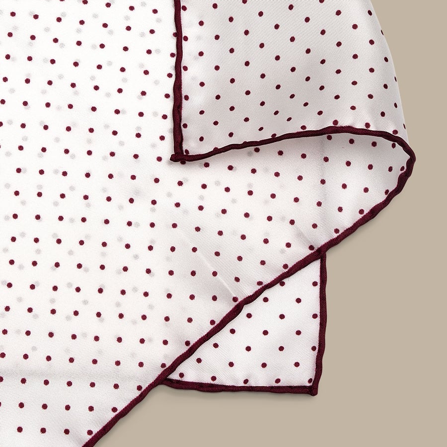 Silk White Pocket Square with Red Polka Dot - Handmade in Italy — garment photograph