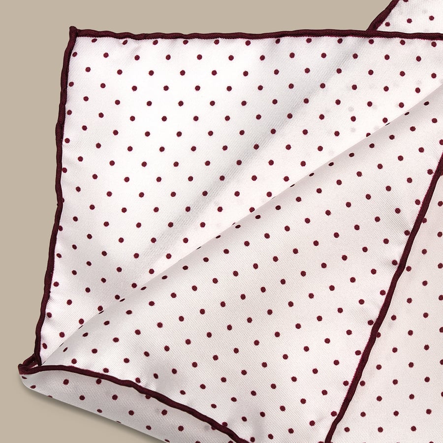 Silk White Pocket Square with Red Polka Dot - Handmade in Italy — garment photograph