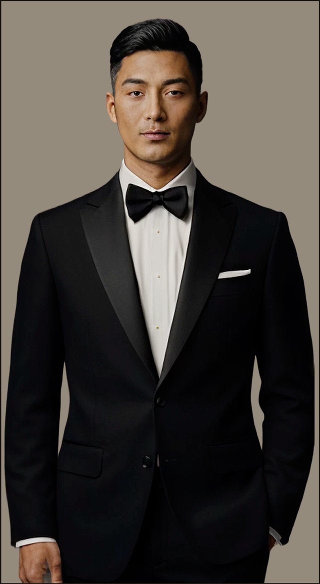 A man in a black peak-lapel tuxedo with a black bow tie and a white pleated shirt