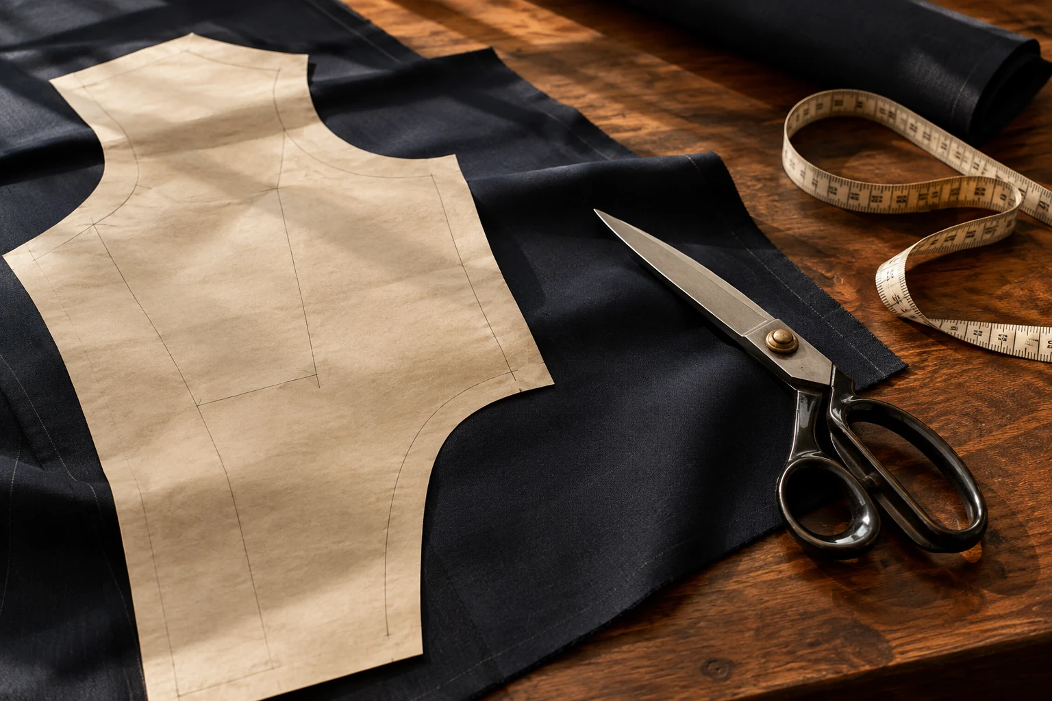 Editorial study of a paper pattern, navy cloth and cutting tools