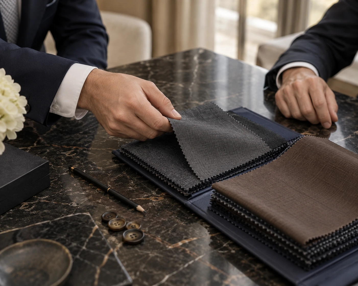 A clothier reviewing charcoal and brown fabric swatches