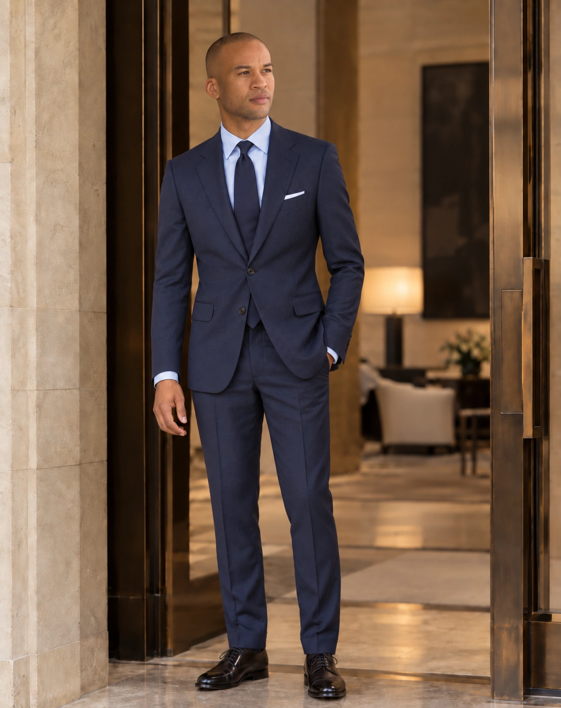 A man in a navy suit and pale blue shirt standing in a warm stone and bronze doorway