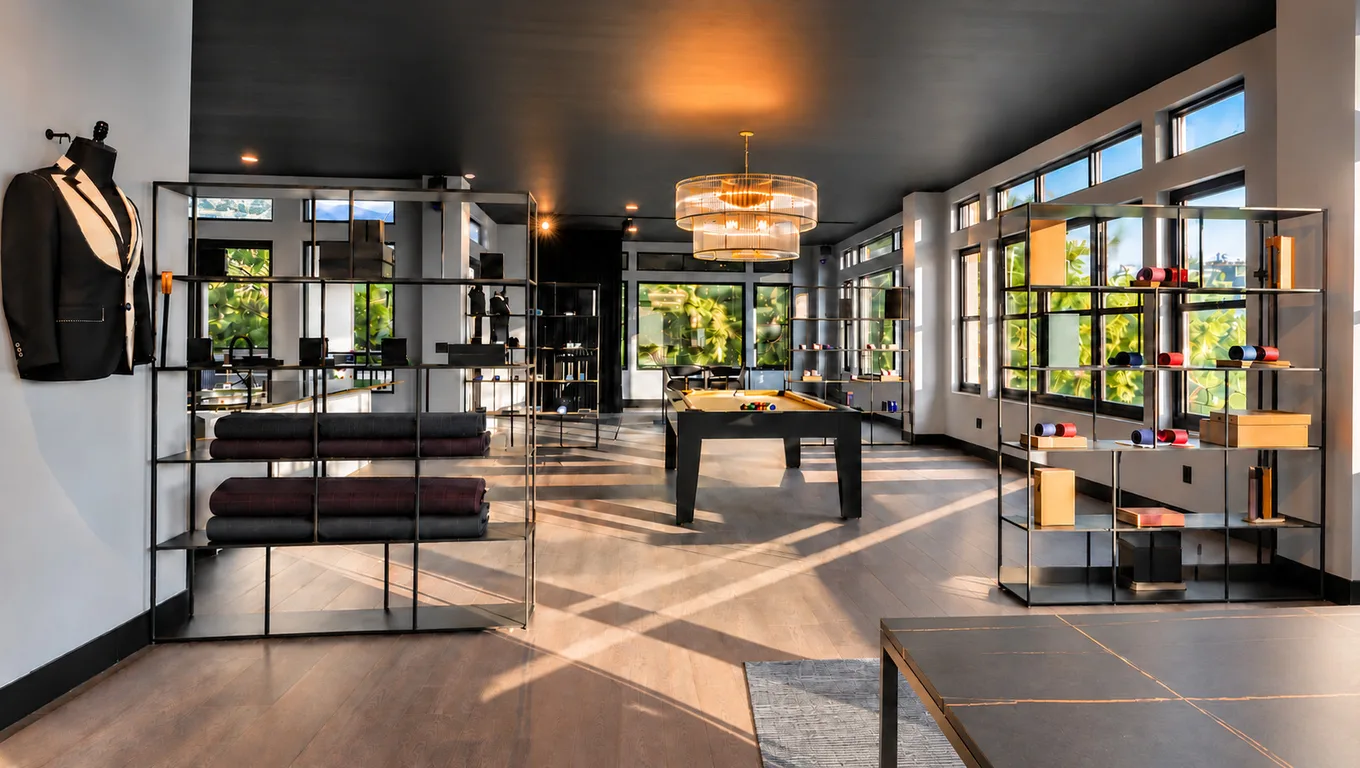 The Enzo Custom Dallas showroom, with warm sunlight, a pool table and tailoring displays