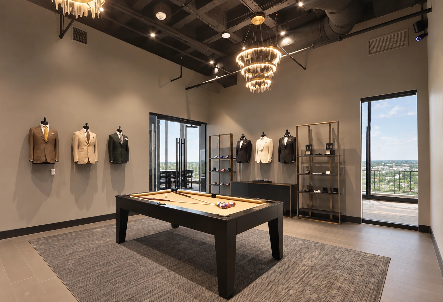 The Enzo Custom Houston showroom, with a pool table, displayed tailoring, and open views