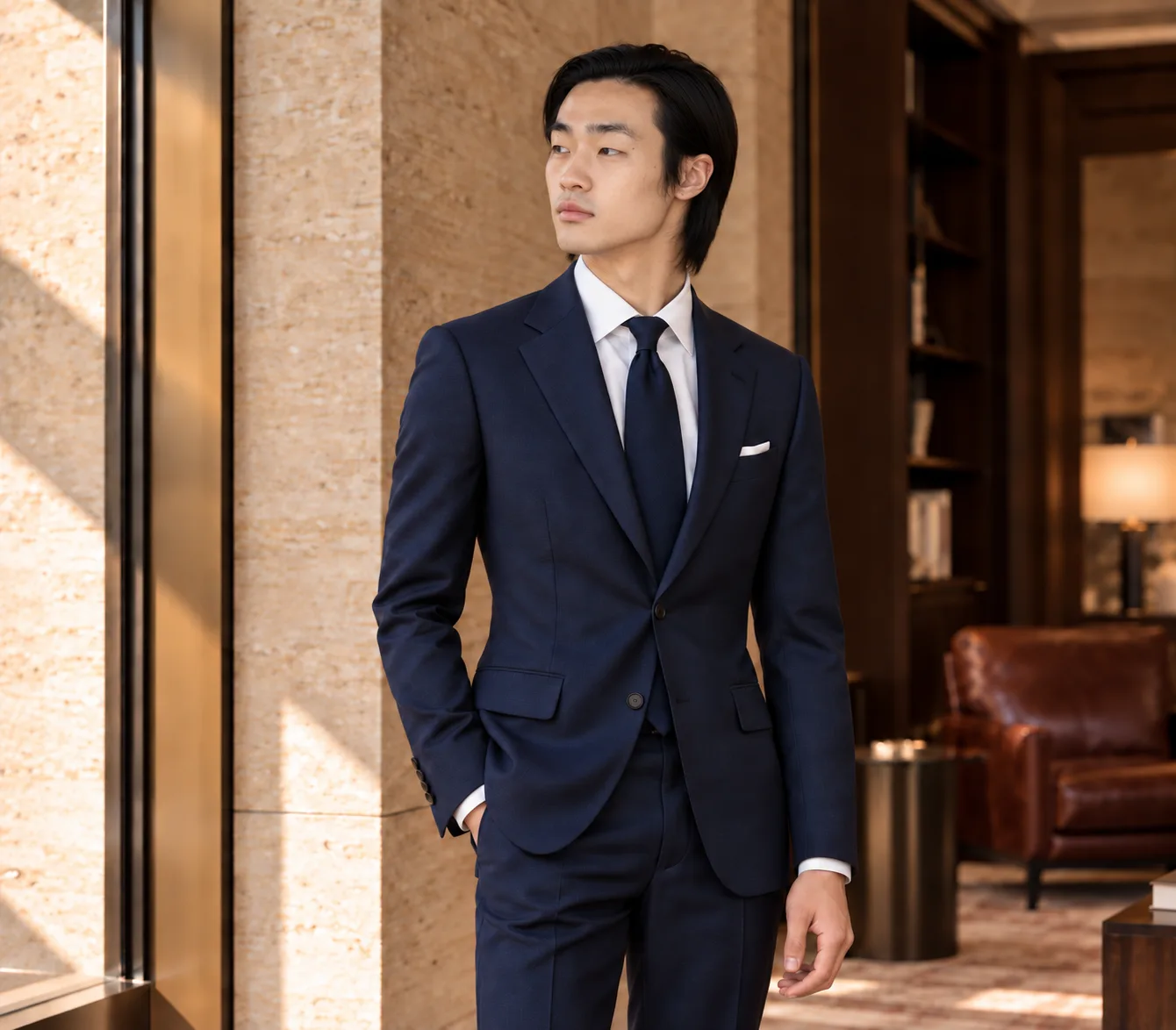 A man in a navy custom suit, white shirt and navy tie in a warm hotel lounge