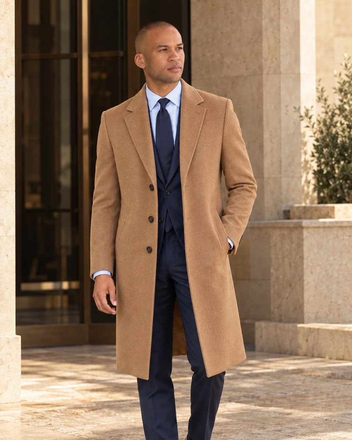 A man wearing a camel overcoat over a navy suit on a hotel terrace