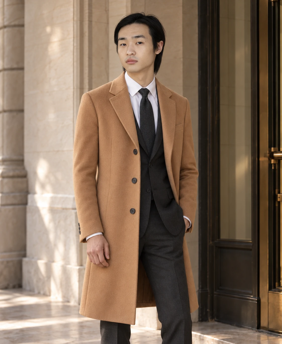 A man wearing a camel overcoat over a charcoal suit beside a stone doorway