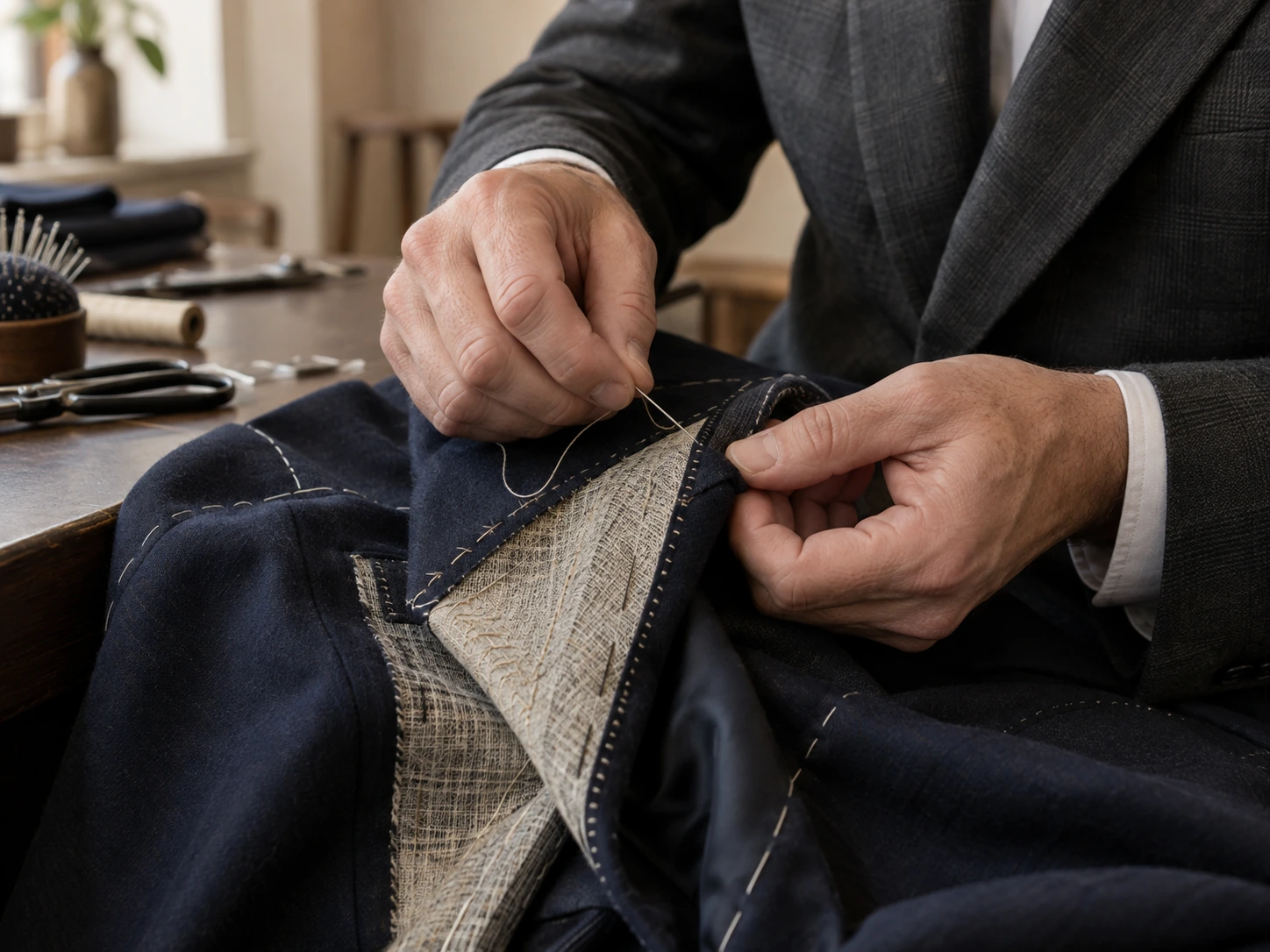 A tailor hand-stitching the natural canvas inside a navy jacket