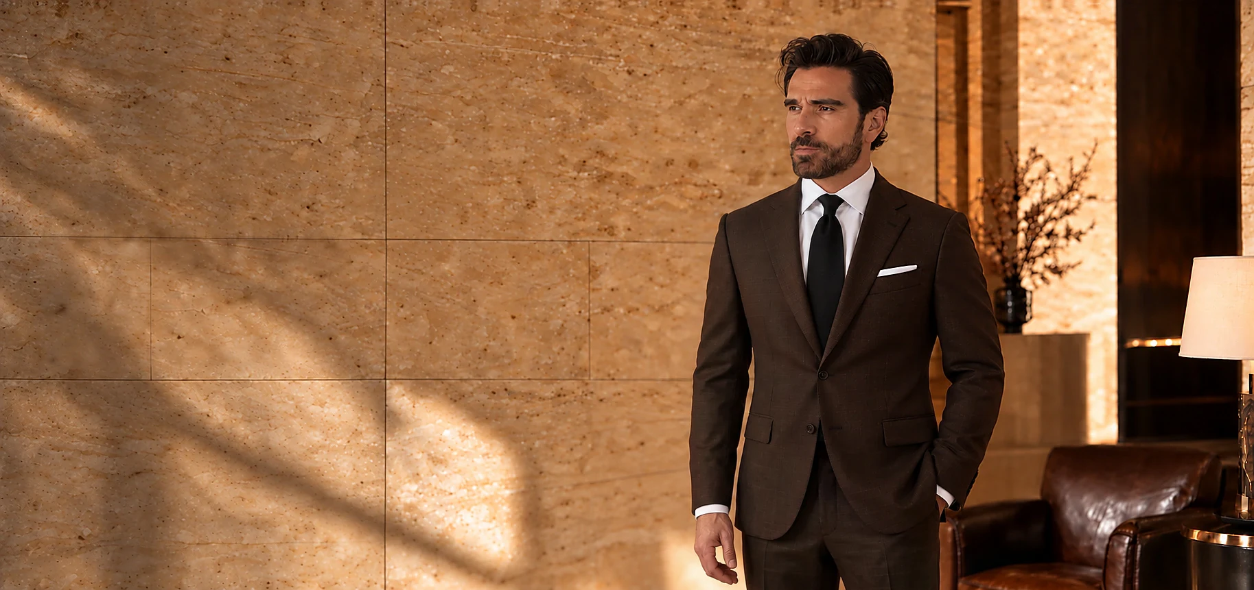 A man in a chocolate tailored suit beside an espresso leather chair against warm limestone