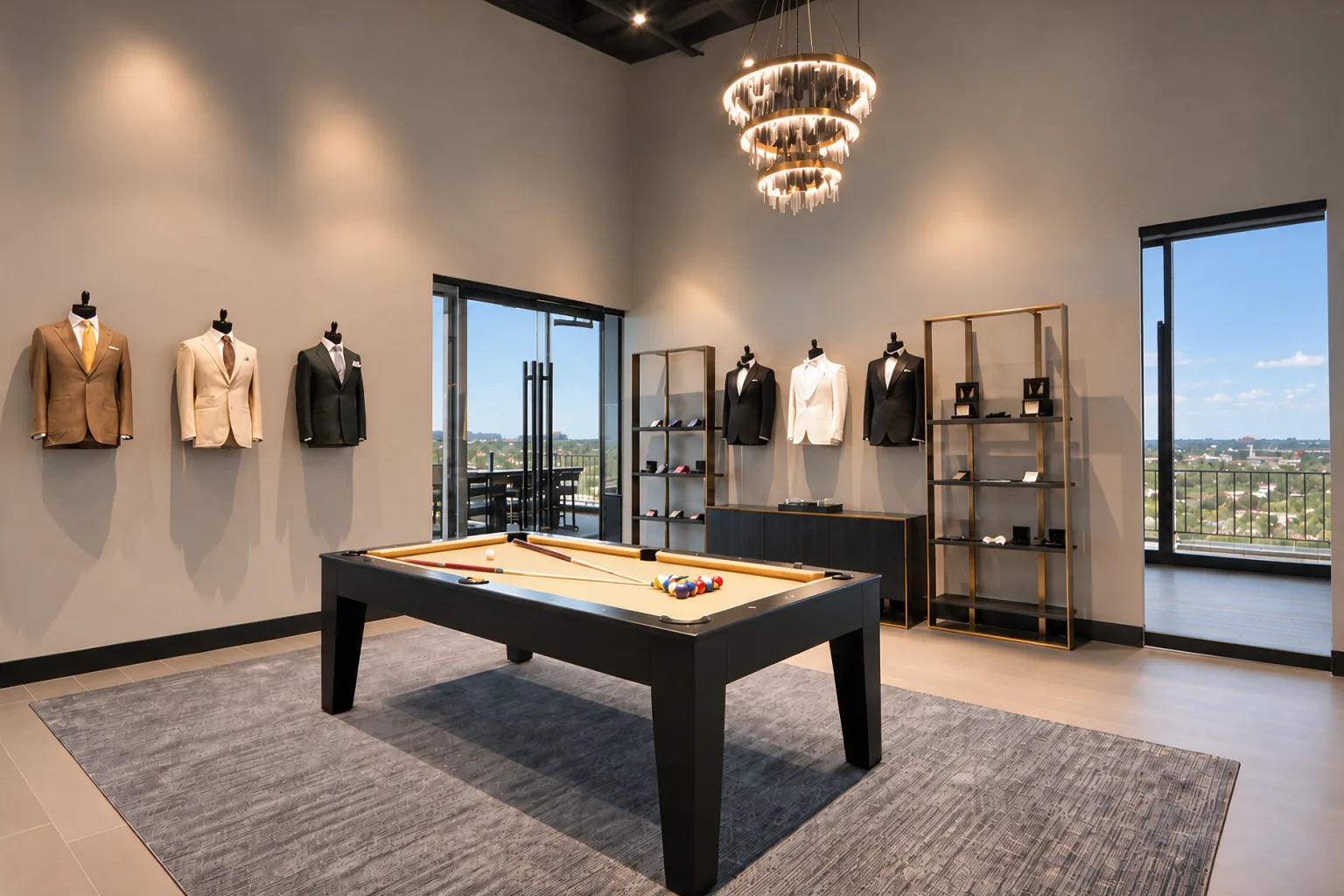 The Enzo Custom Houston showroom, with a pool table, displayed tailoring, and open views
