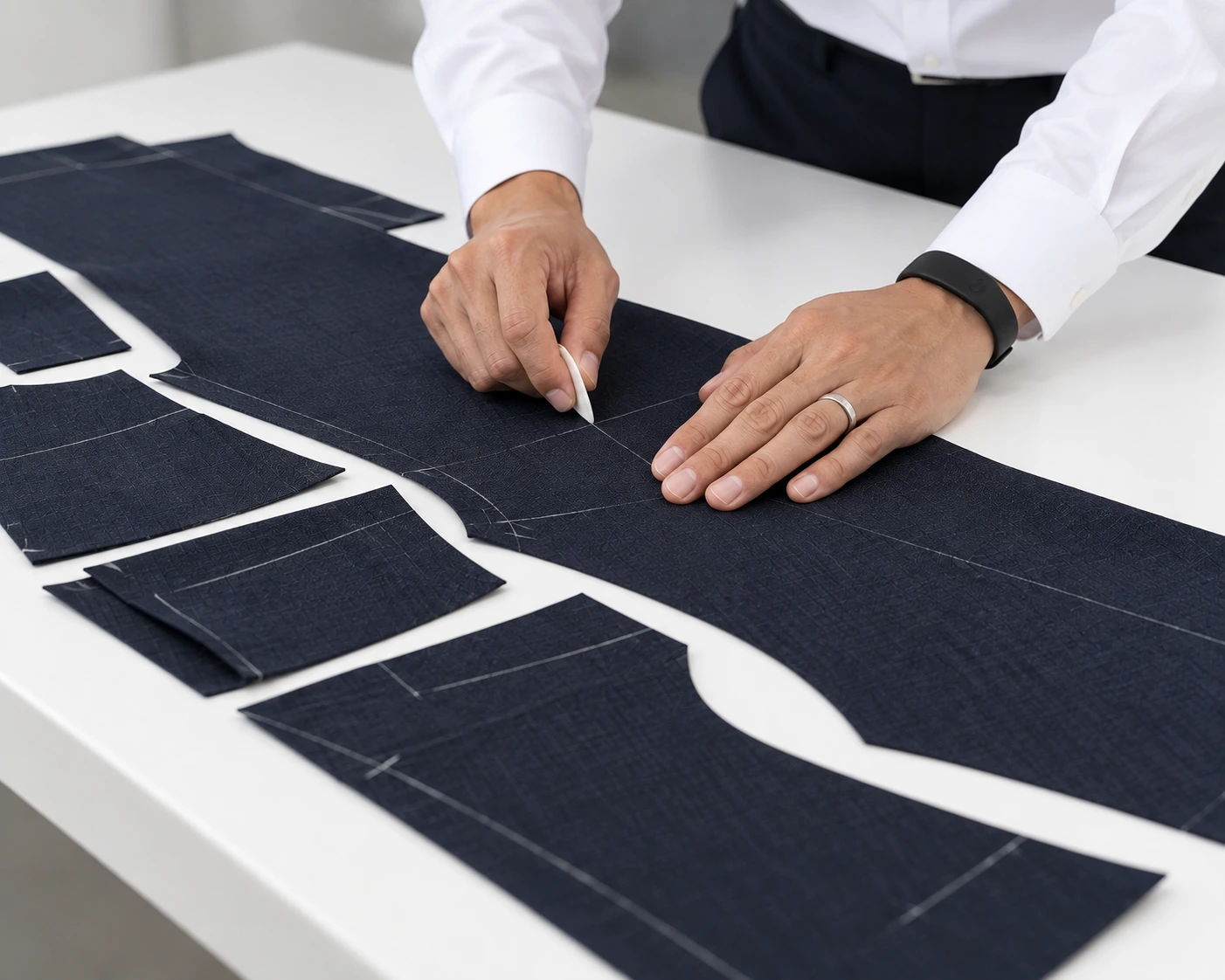 A tailor marking navy fabric pattern pieces with chalk on a white cutting table